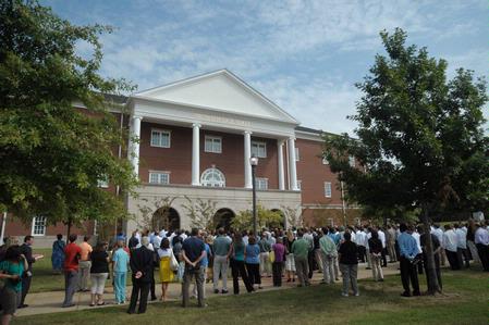 Members of the Jackson and Union community gather in front of Providence Hall at the dedication service.  - Photo by Morris Abernathy