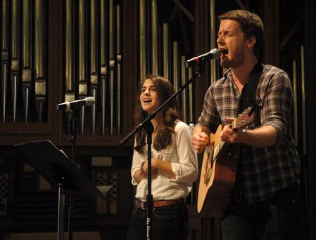 Students lead music in chapel before Justin Wainscott, senior pastor of First Baptist Church in Jackson, Tennessee, speaks in chapel.
 - Photo by Beth Spain