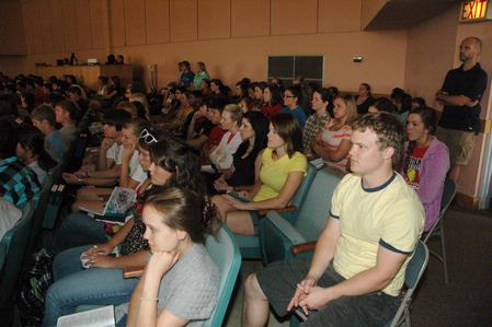 Students enjoy a message given by Justin Wainscott in chapel.  - Photo by Beth Spain