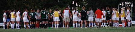 Delta State players gather with the Lady Bulldog soccer team for prayer after their game. - Photo by Ebbie Davis