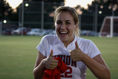 Amber Lovelady shows excitement after the Lady Bulldog soccer team defeated Delta State.
 - Photo by Ebbie Davis
