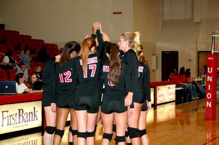 The Lady Bulldog volleyball team groups together before the game against Martin Methodist. The Lady Bulldogs won 3-1. - Photo by Deanna Santangelo