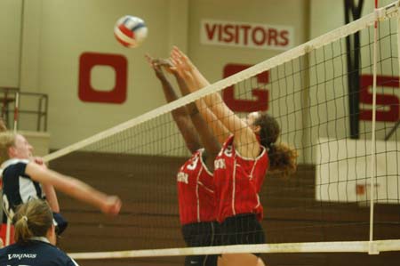 Crystal Abel and Phylis Anyango for Union attempt to block a Berry College shot. - Photo by Steven Aldridge