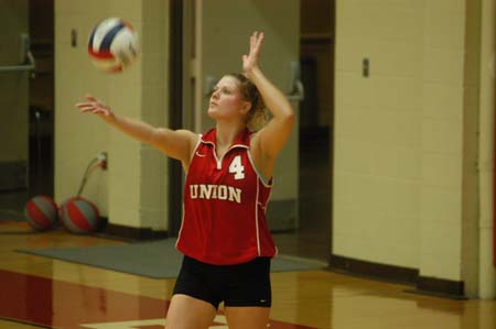 Union senior, Lindsay Stahlberg (4) serves during a 3-0 win over Berry College. - Photo by Steven Aldridge