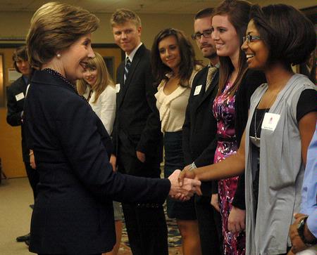 Laura Bush, former first lady of the United States, greets Melanie Taylor, sophomore sports ministry major, on Union's campus before speaking at the 13th annual Scholarship Banquet. - Photo by Beth Spain
