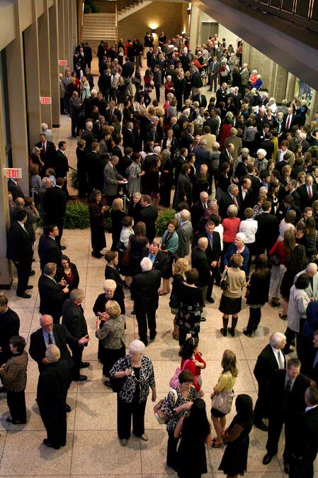 Students, faculty and donors make their way into the Civic Center before Laura Bush, former first lady of the United States, speaks at the 13th annual Scholarship Banquet. - Photo by Deanna Santangelo