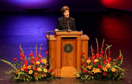 Keynote speaker Laura Bush, former first lady of the United States, speaks to the attendees of the 13th Annual Scholarship Banquet.  - Photo by Ebbie Davis