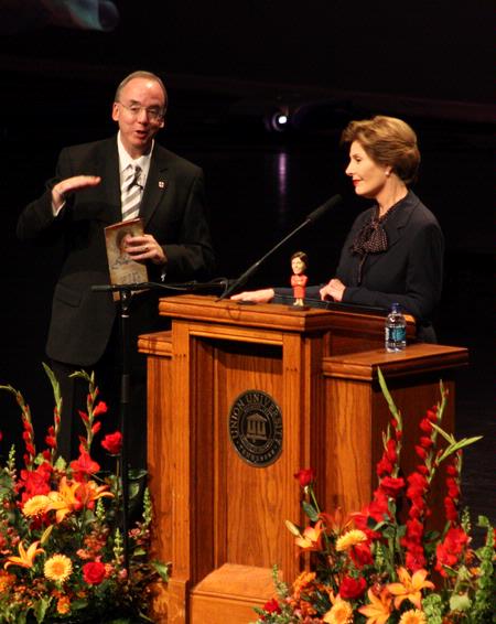 Dr. David S. Dockery, president of Union University, asks Laura Bush, former first lady of the United States, questions prompted by the attending donors and students of Union University at the 13th Annual Scholarship Banquet.  - Photo by Ebbie Davis