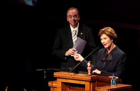 Keynote speaker Laura Bush, former first lady of the United States, answers questions from the attending donors and students of the 13th Annual Scholarship Banquet.  - Photo by Ebbie Davis