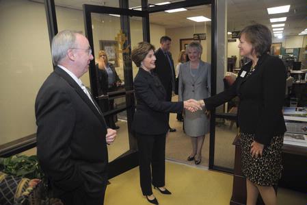 Carla Sanderson, provost and executive vice president, greets Laura Bush, former first lady of the United States, during Bush's visit to Union's campus before the 13th annual Scholarship Banquet. - Photo by Morris Abernathy