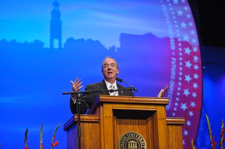 David S. Dockery, Union University President, welcomes guests to the 13th annual Scholarship Banquet, featuring keynote speaker Laura Bush, former first lady of the United States. - Photo by Morris Abernathy