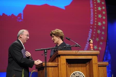 Dr. David S. Dockery, president of Union University, thanks Laura Bush, former first lady of the United States, for speaking at the 13th annual Scholarship Banquet. - Photo by Morris Abernathy