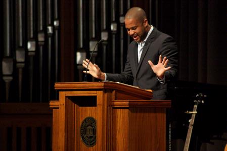 Bryan Loritts, lead pastor of Fellowship Bible Church of Memphis, speaks to Union students during the annual Faith in Practice chapel series. - Photo by Ebbie Davis