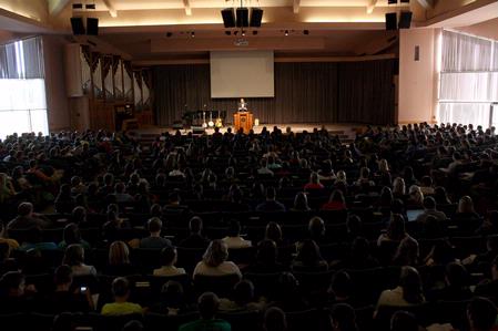 Bryan Loritts, lead pastor of Fellowship Bible Church of Memphis, speaks to Union students during the annual Faith in Practice chapel series. - Photo by Ebbie Davis
