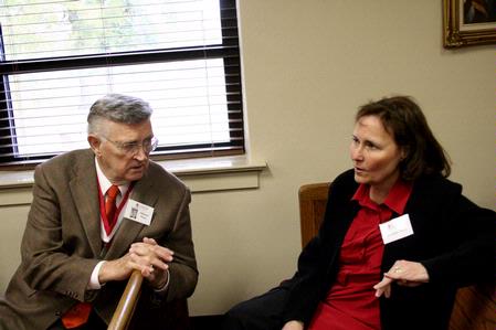 Tillman and Belinda Mays, alumni 1961, talk about the benches in the old chapel room that now serves as a courtroom.  They came back to Union and toured the old campus for their 50th reunion during homecoming weekend.  - Photo by Deanna Santangelo