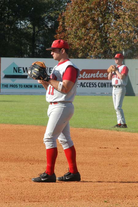 Senior First baseman Josh Allen (11) awaits the next pitch during the Union Fall World Series.  David Canary (6) stands at his second base position. - Photo by Steven Aldridge