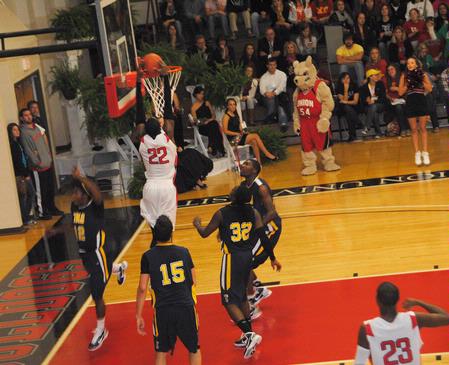 Antoine Joseph dunks the ball in the homecoming game against Truett-McConnell College. The Bulldogs won the game 79-69. - Photo by Victoria Stargel