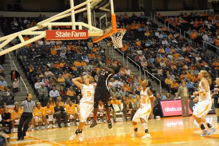 Zeinab Chan puts up a shot against the Lady Vols in an exhibition game in Knoxville. - Photo by Morris Abernathy