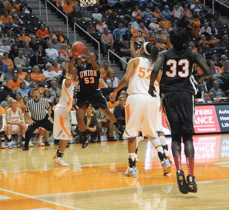 Lavanda Ross goes up for a shot in the exhibition game against the Lady Vols.  - Photo by Morris Abernathy