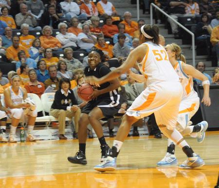 Lavanda Ross goes up for a shot against the Lady Vols in the exhibition game in Knoxville.  - Photo by Morris Abernathy