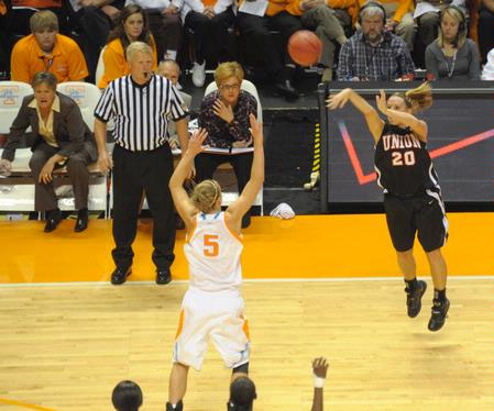 Kayla Hudson makes a 3-point shot during the exhibition games against the UT Lady Vols.  - Photo by Morris Abernathy