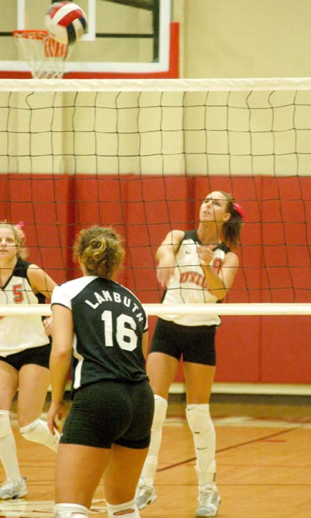 Senior hitter Jennie Glassey playes the ball during a 3-0 Union wil over Lambuth. - Photo by Steven Aldridge