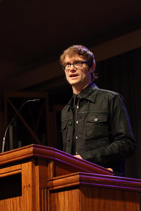 Greg Thornbury, dean of the school of theology & missions, introduces Hunter Baker as the speaker for chapel. - Photo by Ebbie Davis