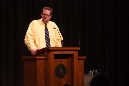 Hunter Baker, associate professor of political science, speaks during chapel. - Photo by Ebbie Davis