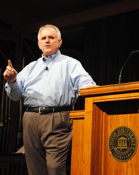 Randy Carter, senior pastor of Northside Assembly of God in Jackson, challenges Union students to act on faith.  - Photo by Victoria Stargel