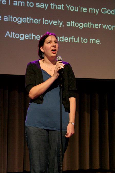 Gillian Frank, senior music performance major, sings during chapel. - Photo by Deanna Santangelo