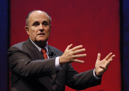 Former New York City Mayor Rudolph Giuliani speaks at the 2003 Scholarship Banquet. - Photo by Jim Veneman