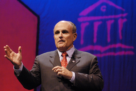 Former New York City Mayor Rudolph Giuliani speaks at the 2003 Scholarship Banquet. - Photo by Jim Veneman