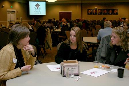 Carla Sanderson, provost and executive vice president, talks with prospective students during a winter preview day. - Photo by Deanna Santangelo