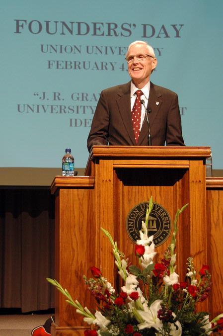 James A. Patterson, associate dean of the school of theology & missions, speaks about the history of Union during Founders Day Chapel. - Photo by Beth Spain