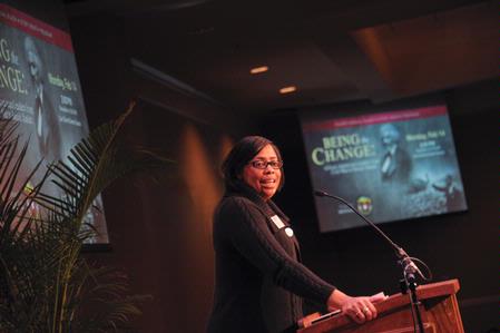 Jacqueline Taylor greets friends and guest of the Black History Month Program. - Photo by Morris Abernathy