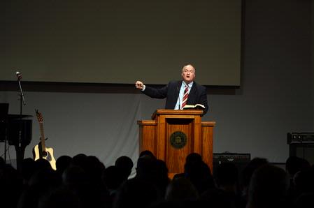 Jerry Tidwell, senior vice president for university relations, speaks to Union students during chapel. - Photo by Ebbie Davis
