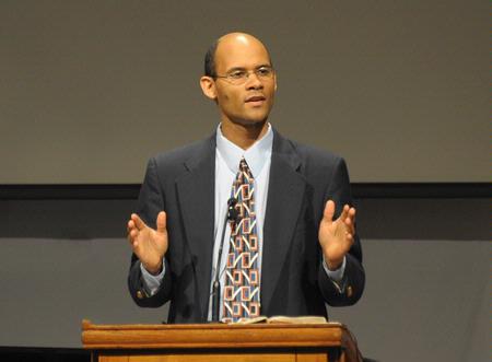 Jarvis Williams, assistant professor of new testament and Greek at Campbellsville University, speaks on Ephesians 2:11-22 in chapel.
 - Photo by Morris Abernathy
