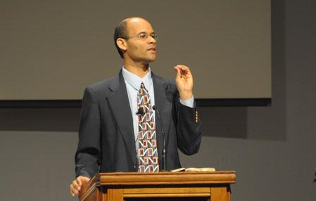 Jarvis Williams, assistant professor of new testament and Greek at Campbellsville University, speaks on Ephesians 2:11-22 in chapel. - Photo by Morris Abernathy
