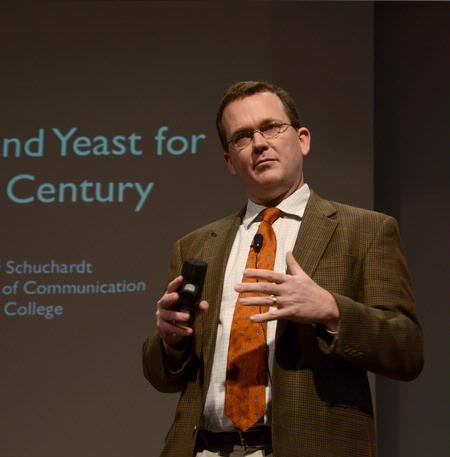 Dr. Read Schuchardt, professor of media ecology at Wheaton College, spoke in chapel about being present for people rather than being distracted by the "digital age." - Photo by Victoria Stargel