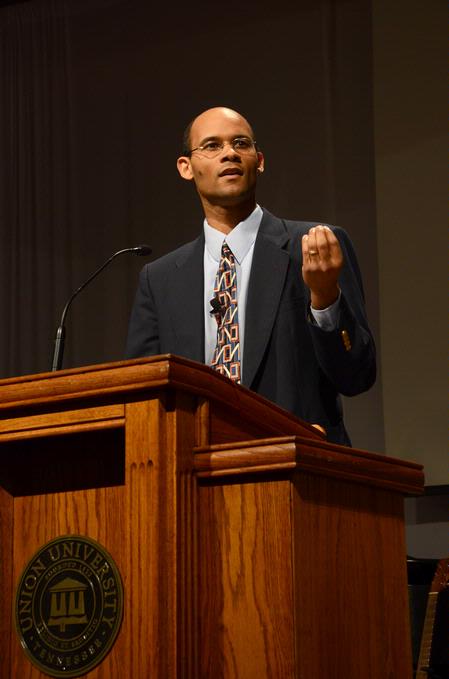 Dr. Jarvis Williams, assistant professor of new testament and Greek at Campbellsville University, challenges Union students to view each other as one race in Christ.  - Photo by Victoria Stargel