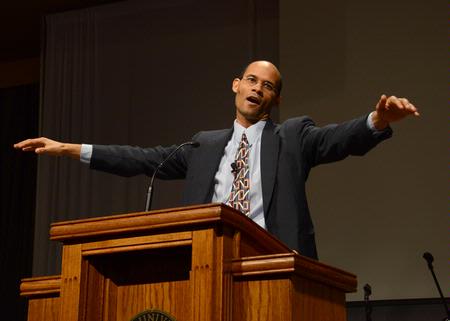 Dr. Jarvis Williams, assistant professor of new testament and Greek at Campbellsville University, challenges Union students to view each other as one race in Christ. He uses the divide between Jew and Gentile prior to Christ's coming as an example of the reconciliation possible in Christ. - Photo by Victoria Stargel