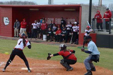 Ali Bozza, junior athletic training major, bats for the Lady Bulldogs. The team won both games in a double header against Christian Brothers University.  - Photo by Victoria Stargel