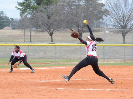 Brooke Thomas, sophomore athletic training major, pitches the first game of a double header against Christian Brothers University. The Lady Bulldogs won both games.  - Photo by Victoria Stargel