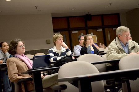 Students, faculty, and Jackson residents listen as Dr. C. Ben Mitchell, Graves professor of moral philosophy, speaks on "Perfecting Ourselves to Death: Technology, Humanity, and the Quest for Perfection" at the Town & Gown lecture series.   - Photo by Deanna Santangelo