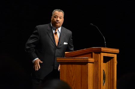 Fred Luter, Jr., senior pastor at Franklin Avenue Baptist Church in New Orleans, Louisiana, speaks to students during chapel. - Photo by Beth Spain