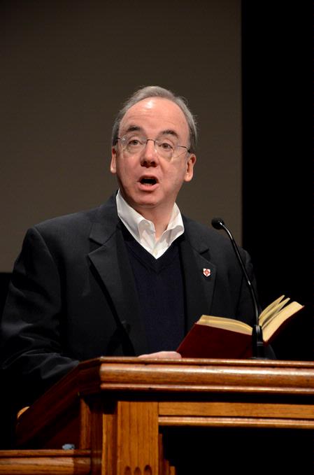 David S. Dockery, president of the university, introduces James Emery White, senior pastor at Mecklenburg Community Church, as the speaker for chapel. - Photo by Deanna Santangelo