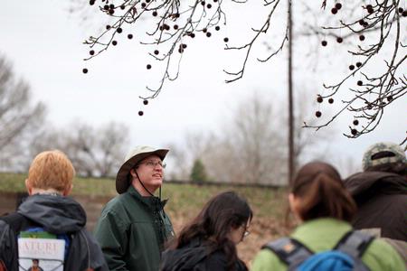 Andy Madison, associate professor of biology, takes a tour around the West TN Research & Education Center with students to observe various trees, such as the Sweetgum tree.  - Photo by Kristi McMurry Woody