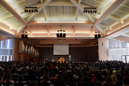 The G.M. Savage Memorial Chapel is full for a chapel service led by Greg Thornbury, vice president for spiritual life and dean of the school of theology and missions. - Photo by Ebbie Davis