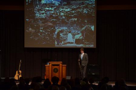 During chapel, Greg Thornbury, vice president for spiritual life and dean of the school of theology and missions, talks about the earthquake and resulting tsunami that devastated the people of Japan.  - Photo by Ebbie Davis