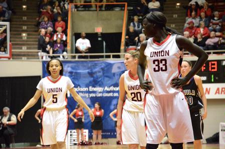 LaTesa McLaughlin, Kayla Hudson, and Zeinab Chan rest between plays in the first game of the NAIA National Championship. The Lady Bulldogs advanced to round two with a win of 62-37 over Avila University.  - Photo by Abigail Harris
